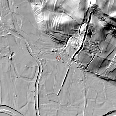Shaded relief map of the ground around DL116AR, computed from Environment Agency LiDAR. The ground here sits at about 178 m above sea level and falls 99 m across the surrounding 800 m. Surface water reaching this point runs off ground lying to the north-north-east, 56.7 m higher.