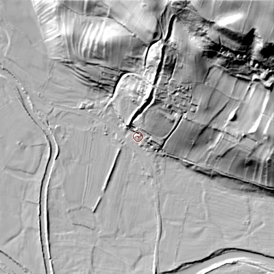 Shaded relief map of the ground around DL116AW, computed from Environment Agency LiDAR. The ground here sits at about 179 m above sea level and falls 103 m across the surrounding 800 m. Surface water reaching this point runs off ground lying to the north, 55.2 m higher.