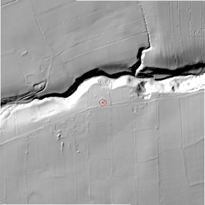 Shaded relief map of the ground around DL116DD, computed from Environment Agency LiDAR. The ground here sits at about 176 m above sea level and falls 53 m across the surrounding 800 m. Surface water reaching this point runs off ground lying to the south-west, 7.6 m higher.