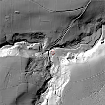 Shaded relief map of the ground around DL116DF, computed from Environment Agency LiDAR. The ground here sits at about 119 m above sea level and falls 61 m across the surrounding 800 m. Surface water reaching this point runs off ground lying to the west-south-west, 51.7 m higher.