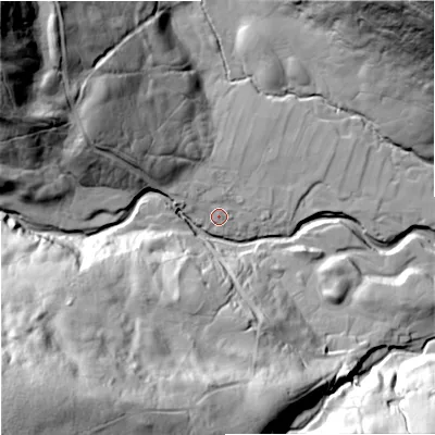 Shaded relief map of the ground around DL116DR, computed from Environment Agency LiDAR. The ground here sits at about 285 m above sea level and falls 102 m across the surrounding 800 m. Surface water reaching this point runs off ground lying to the west-north-west, 5.3 m higher.