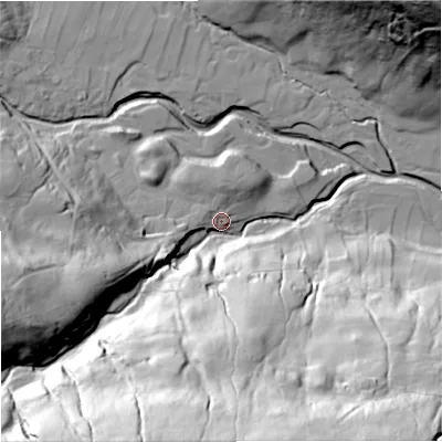Shaded relief map of the ground around DL116DW, computed from Environment Agency LiDAR. The ground here sits at about 280 m above sea level and falls 95 m across the surrounding 800 m. Surface water reaching this point runs off ground lying to the south, 78.9 m higher.