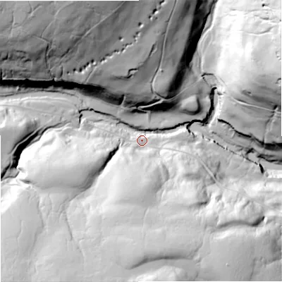 Shaded relief map of the ground around DL116DZ, computed from Environment Agency LiDAR. The ground here sits at about 321 m above sea level and falls 101 m across the surrounding 800 m. Surface water reaching this point runs off ground lying to the north-west, 89.0 m higher.