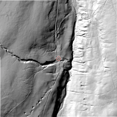Shaded relief map of the ground around DL116EA, computed from Environment Agency LiDAR. The ground here sits at about 359 m above sea level and falls 106 m across the surrounding 800 m. Surface water reaching this point runs off ground lying to the north-west, 70.1 m higher.