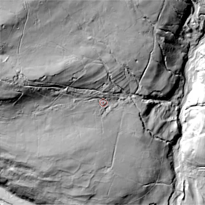 Shaded relief map of the ground around DL116EY, computed from Environment Agency LiDAR. The ground here sits at about 323 m above sea level and falls 172 m across the surrounding 800 m. Surface water reaching this point runs off ground lying to the west-north-west, 53.1 m higher.