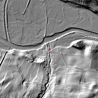 Shaded relief map of the ground around DL116HH, computed from Environment Agency LiDAR. The ground here sits at about 178 m above sea level and falls 66 m across the surrounding 800 m. Surface water reaching this point runs off ground lying to the south-south-west, 41.6 m higher.