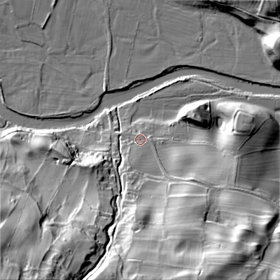 Shaded relief map of the ground around DL116HJ, computed from Environment Agency LiDAR. The ground here sits at about 181 m above sea level and falls 66 m across the surrounding 800 m. Surface water reaching this point runs off ground lying to the south-south-east, 37.4 m higher.