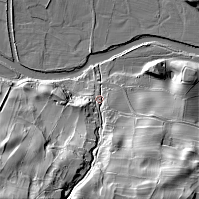 Shaded relief map of the ground around DL116HN, computed from Environment Agency LiDAR. The ground here sits at about 183 m above sea level and falls 74 m across the surrounding 800 m. Surface water reaching this point runs off ground lying to the south-south-west, 60.5 m higher.