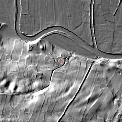 Shaded relief map of the ground around DL116JA, computed from Environment Agency LiDAR. The ground here sits at about 192 m above sea level and falls 92 m across the surrounding 800 m. Surface water reaching this point runs off ground lying to the south-west, 14.7 m higher.