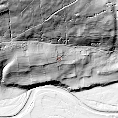 Shaded relief map of the ground around DL116JG, computed from Environment Agency LiDAR. The ground here sits at about 265 m above sea level and falls 158 m across the surrounding 800 m. Surface water reaching this point runs off ground lying to the north-west, 20.6 m higher.