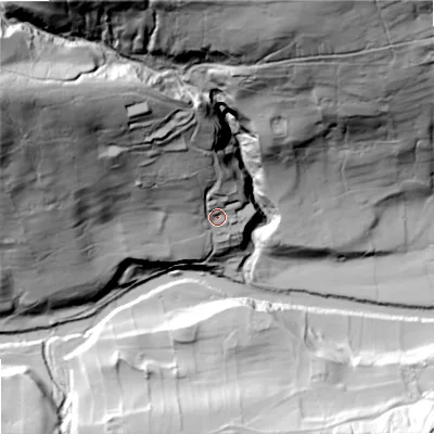 Shaded relief map of the ground around DL116JH, computed from Environment Agency LiDAR. The ground here sits at about 244 m above sea level and falls 119 m across the surrounding 800 m. Surface water reaching this point runs off ground lying to the north-north-west, 46.7 m higher.