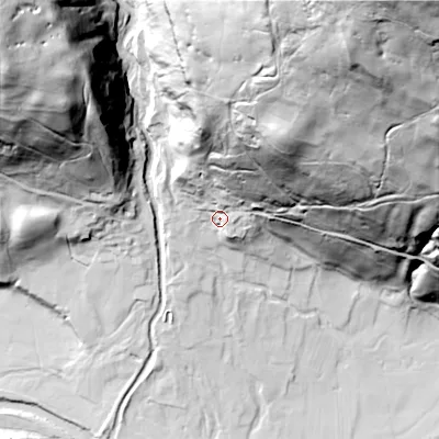 Shaded relief map of the ground around DL116LD, computed from Environment Agency LiDAR. The ground here sits at about 233 m above sea level and falls 164 m across the surrounding 800 m. Surface water reaching this point runs off ground lying to the north-north-east, 136.1 m higher.