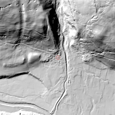 Shaded relief map of the ground around DL116LE, computed from Environment Agency LiDAR. The ground here sits at about 233 m above sea level and falls 148 m across the surrounding 800 m. Surface water reaching this point runs off ground lying to the north-west, 80.8 m higher.