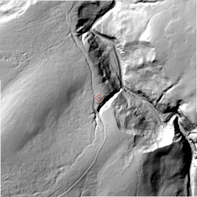 Shaded relief map of the ground around DL116LP, computed from Environment Agency LiDAR. The ground here sits at about 415 m above sea level and falls 94 m across the surrounding 800 m. Surface water reaching this point runs off ground lying to the west-south-west, 41.7 m higher.