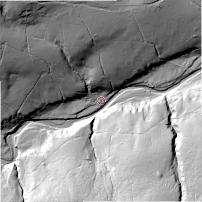 Shaded relief map of the ground around DL116LS, computed from Environment Agency LiDAR. The ground here sits at about 352 m above sea level and falls 89 m across the surrounding 800 m. Surface water reaching this point runs off ground lying to the south-south-east, 73.3 m higher.