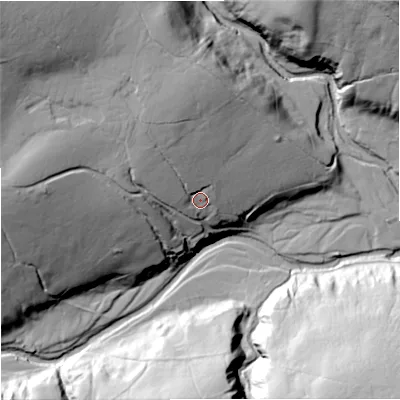 Shaded relief map of the ground around DL116LT, computed from Environment Agency LiDAR. The ground here sits at about 366 m above sea level and falls 80 m across the surrounding 800 m. Surface water reaching this point runs off ground lying to the north-west, 22.2 m higher.