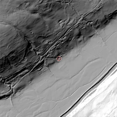 Shaded relief map of the ground around DL116ND, computed from Environment Agency LiDAR. The ground here sits at about 200 m above sea level and falls 148 m across the surrounding 800 m. Surface water reaching this point runs off ground lying to the north-north-west, 31.7 m higher.