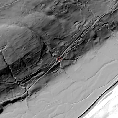 Shaded relief map of the ground around DL116NE, computed from Environment Agency LiDAR. The ground here sits at about 222 m above sea level and falls 159 m across the surrounding 800 m. Surface water reaching this point runs off ground lying to the north-west, 137.8 m higher.