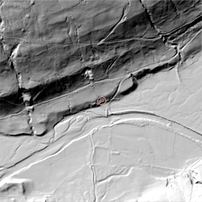 Shaded relief map of the ground around DL116NG, computed from Environment Agency LiDAR. The ground here sits at about 207 m above sea level and falls 146 m across the surrounding 800 m. Surface water reaching this point runs off ground lying to the north-north-west, 123.6 m higher.