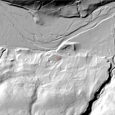 Shaded relief map of the ground around DL116NH, computed from Environment Agency LiDAR. The ground here sits at about 213 m above sea level and falls 121 m across the surrounding 800 m. Surface water reaching this point runs off ground lying to the south-south-west, 96.0 m higher.