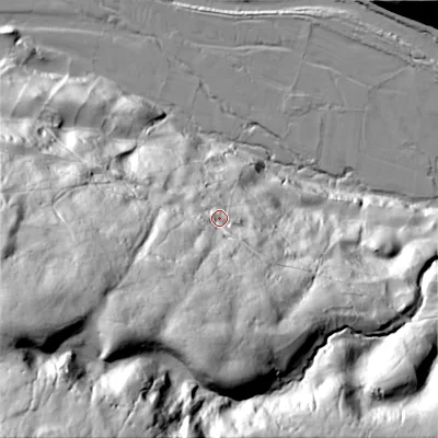 Shaded relief map of the ground around DL116NJ, computed from Environment Agency LiDAR. The ground here sits at about 254 m above sea level and falls 192 m across the surrounding 800 m. Surface water reaching this point runs off ground lying to the south-west, 85.8 m higher.