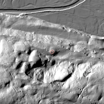 Shaded relief map of the ground around DL116NL, computed from Environment Agency LiDAR. The ground here sits at about 276 m above sea level and falls 238 m across the surrounding 800 m. Surface water reaching this point runs off ground lying to the south-west, 4.4 m higher.