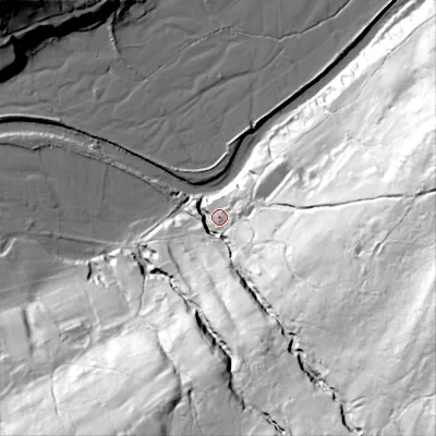 Shaded relief map of the ground around DL116NQ, computed from Environment Agency LiDAR. The ground here sits at about 210 m above sea level and falls 138 m across the surrounding 800 m. Surface water reaching this point runs off ground lying to the south-east, 130.8 m higher.