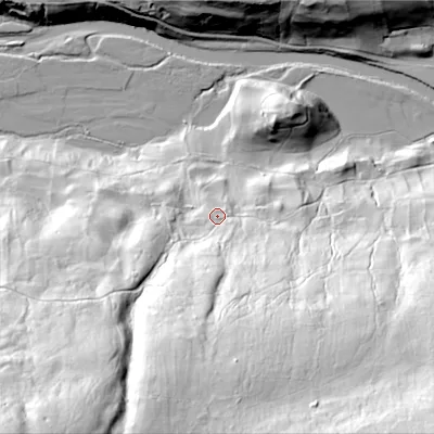 Shaded relief map of the ground around DL116NT, computed from Environment Agency LiDAR. The ground here sits at about 214 m above sea level and falls 123 m across the surrounding 800 m. Surface water reaching this point runs off ground lying to the south, 32.2 m higher.
