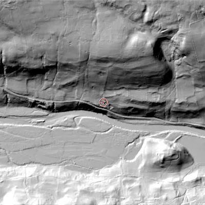 Shaded relief map of the ground around DL116PJ, computed from Environment Agency LiDAR. The ground here sits at about 208 m above sea level and falls 100 m across the surrounding 800 m. Surface water reaching this point runs off ground lying to the north, 68.8 m higher.