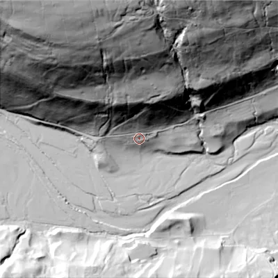 Shaded relief map of the ground around DL116PY, computed from Environment Agency LiDAR. The ground here sits at about 213 m above sea level and falls 147 m across the surrounding 800 m. Surface water reaching this point runs off ground lying to the north, 96.1 m higher.