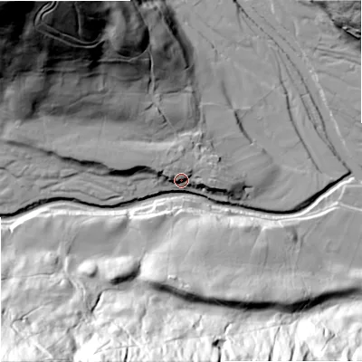 Shaded relief map of the ground around DL116QG, computed from Environment Agency LiDAR. The ground here sits at about 250 m above sea level and falls 105 m across the surrounding 800 m. Surface water reaching this point runs off ground lying to the north-north-west, 11.4 m higher.