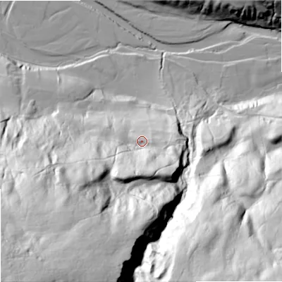 Shaded relief map of the ground around DL116QJ, computed from Environment Agency LiDAR. The ground here sits at about 264 m above sea level and falls 161 m across the surrounding 800 m. Surface water reaching this point runs off ground lying to the south-south-west, 39.8 m higher.