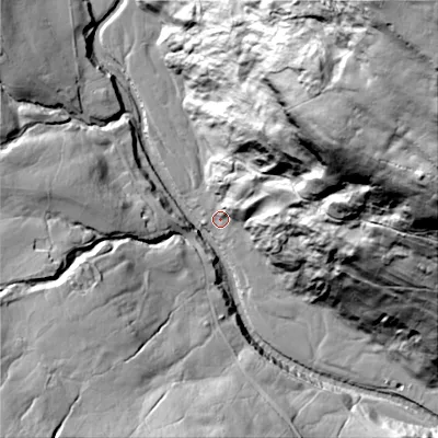 Shaded relief map of the ground around DL116RE, computed from Environment Agency LiDAR. The ground here sits at about 254 m above sea level and falls 176 m across the surrounding 800 m. Surface water reaching this point runs off ground lying to the north-east, 31.4 m higher.