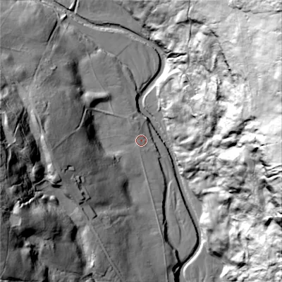 Shaded relief map of the ground around DL116RG, computed from Environment Agency LiDAR. The ground here sits at about 267 m above sea level and falls 128 m across the surrounding 800 m. Surface water reaching this point runs off ground lying to the west, 33.2 m higher.