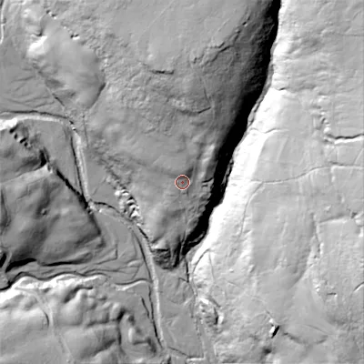 Shaded relief map of the ground around DL116RS, computed from Environment Agency LiDAR. The ground here sits at about 339 m above sea level and falls 81 m across the surrounding 800 m. Surface water reaching this point runs off ground lying to the north, 26.9 m higher.