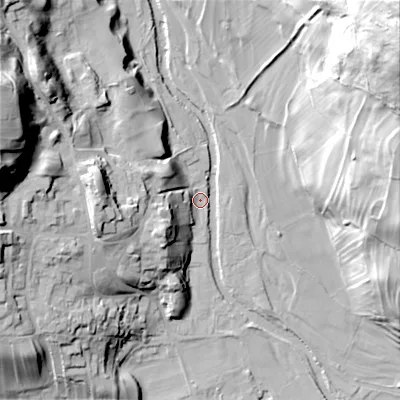 Shaded relief map of the ground around DL116SH, computed from Environment Agency LiDAR. The ground here sits at about 187 m above sea level and falls 90 m across the surrounding 800 m. Surface water reaching this point runs off ground lying to the west-north-west, 50.4 m higher.