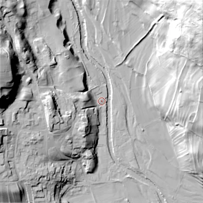 Shaded relief map of the ground around DL116SJ, computed from Environment Agency LiDAR. The ground here sits at about 188 m above sea level and falls 92 m across the surrounding 800 m. Surface water reaching this point runs off ground lying to the west, 25.8 m higher.