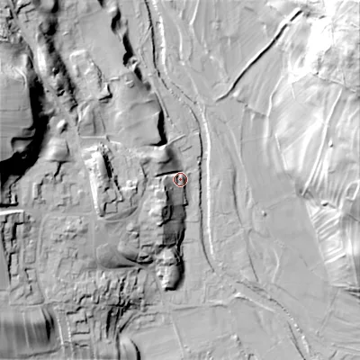 Shaded relief map of the ground around DL116SL, computed from Environment Agency LiDAR. The ground here sits at about 191 m above sea level and falls 79 m across the surrounding 800 m. Surface water reaching this point runs off ground lying to the west, 24.1 m higher.