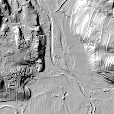 Shaded relief map of the ground around DL116TS, computed from Environment Agency LiDAR. The ground here sits at about 185 m above sea level and falls 78 m across the surrounding 800 m. Surface water reaching this point runs off ground lying to the north, 3.0 m higher.