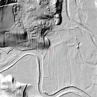 Shaded relief map of the ground around DL116TT, computed from Environment Agency LiDAR. The ground here sits at about 180 m above sea level and falls 59 m across the surrounding 800 m. Surface water reaching this point runs off ground lying to the north-west, 55.5 m higher.