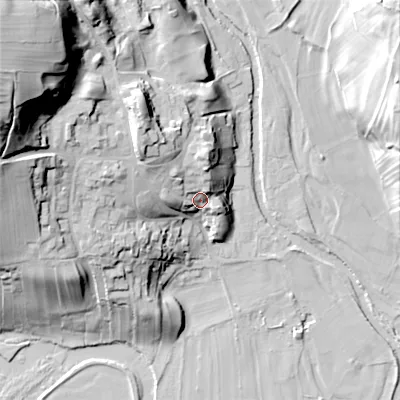 Shaded relief map of the ground around DL116TX, computed from Environment Agency LiDAR. The ground here sits at about 195 m above sea level and falls 64 m across the surrounding 800 m. Surface water reaching this point runs off ground lying to the north-west, 16.5 m higher.