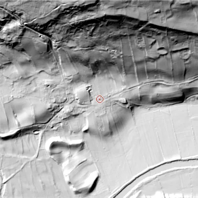 Shaded relief map of the ground around DL116UA, computed from Environment Agency LiDAR. The ground here sits at about 201 m above sea level and falls 131 m across the surrounding 800 m. Surface water reaching this point runs off ground lying to the north, 113.6 m higher.