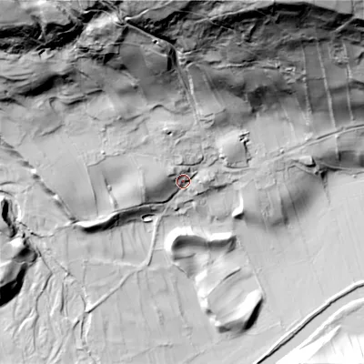 Shaded relief map of the ground around DL116UH, computed from Environment Agency LiDAR. The ground here sits at about 201 m above sea level and falls 115 m across the surrounding 800 m. Surface water reaching this point runs off ground lying to the north, 92.0 m higher.