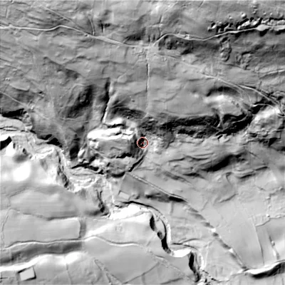 Shaded relief map of the ground around DL116UJ, computed from Environment Agency LiDAR. The ground here sits at about 245 m above sea level and falls 166 m across the surrounding 800 m. Surface water reaching this point runs off ground lying to the north-north-east, 105.4 m higher.