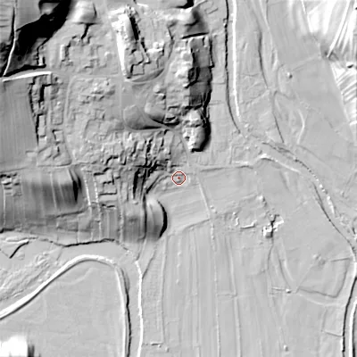 Shaded relief map of the ground around DL116UZ, computed from Environment Agency LiDAR. The ground here sits at about 183 m above sea level and falls 65 m across the surrounding 800 m. Surface water reaching this point runs off ground lying to the north-west, 59.6 m higher.