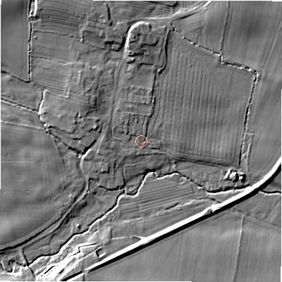 Shaded relief map of the ground around DL117BA, computed from Environment Agency LiDAR. The ground here sits at about 103 m above sea level and falls 14 m across the surrounding 800 m. Surface water reaching this point runs off ground lying to the north-west, 8.3 m higher.