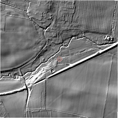 Shaded relief map of the ground around DL117BH, computed from Environment Agency LiDAR. The ground here sits at about 101 m above sea level and falls 14 m across the surrounding 800 m. Surface water reaching this point runs off ground lying to the south-south-west, 2.0 m higher.