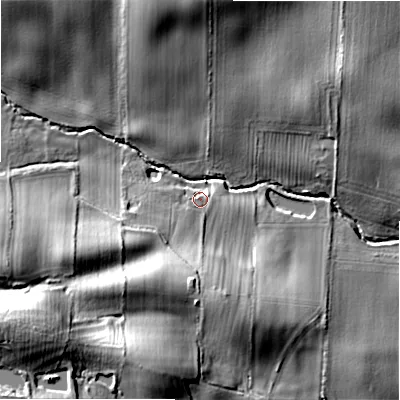 Shaded relief map of the ground around DL117ED, computed from Environment Agency LiDAR. The ground here sits at about 159 m above sea level and falls 31 m across the surrounding 800 m. Surface water reaching this point runs off ground lying to the south-west, 22.2 m higher.