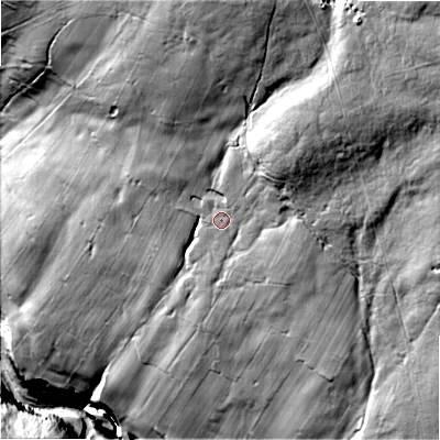 Shaded relief map of the ground around DL117EG, computed from Environment Agency LiDAR. The ground here sits at about 312 m above sea level and falls 110 m across the surrounding 800 m. Surface water reaching this point runs off ground lying to the north, 38.0 m higher.