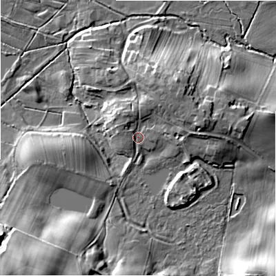 Shaded relief map of the ground around DL117ET, computed from Environment Agency LiDAR. The ground here sits at about 124 m above sea level and falls 29 m across the surrounding 800 m. Surface water reaching this point runs off ground lying to the north-east, 7.9 m higher.